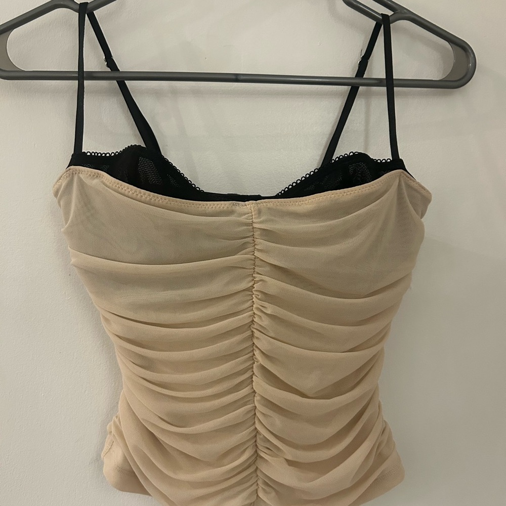 White Fox Boutique Beige Ruched Mesh Cami with Black Lace Trim